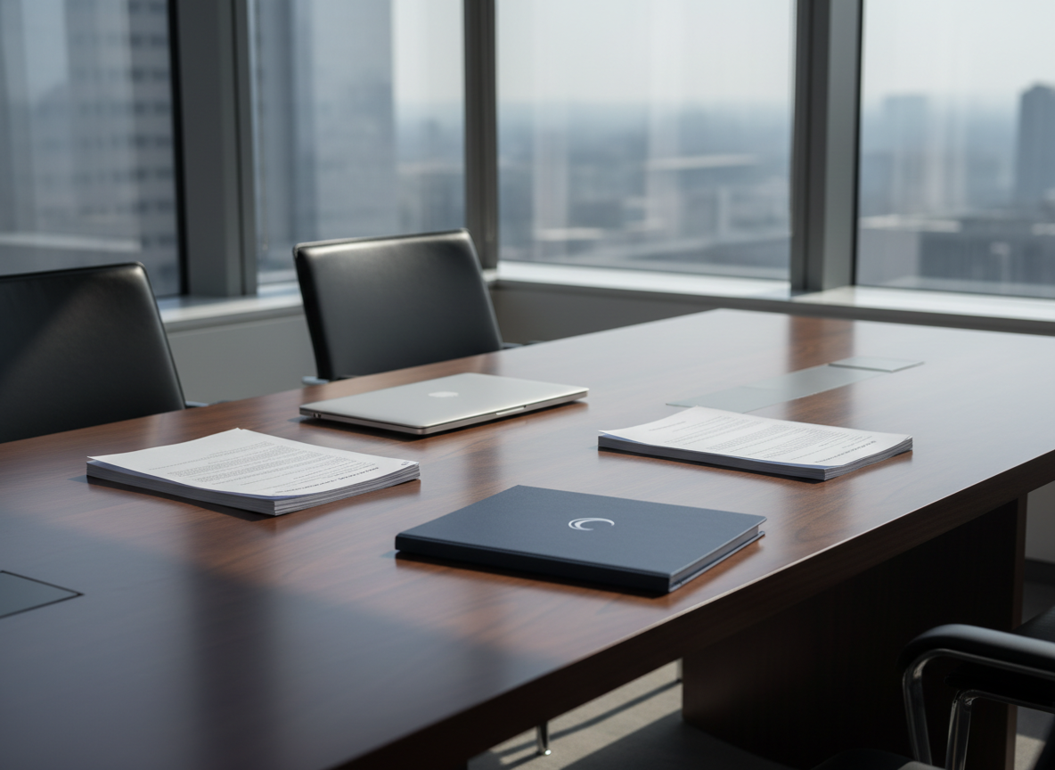 A polished, dark walnut conference table with precise beveled edges and a subtle satin finish, centered in a minimalist corner office. On the table rest neatly stacked corporate documents with clean typography, a closed brushed-metal laptop, and a single matte navy folder embossed with a discreet OvalCrest-style crescent emblem. Floor-to-ceiling windows reveal a softly blurred city skyline in neutral greys and blues. Diffused daylight enters from the right, creating clean, linear shadows and gentle reflections on the table’s surface. Photographed at eye level with a slightly wide frame, everything appears crisp and structured. The mood is calm, ordered, and decisively professional, with a photographic realism and corporate aesthetic emphasizing clarity, strategy, and meticulous legal preparation.