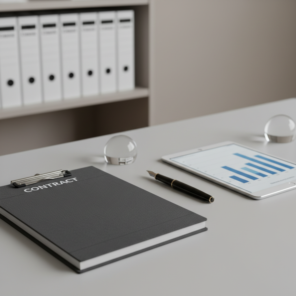 A close-up of a precisely arranged set of legal tools on a pale grey matte desk: a heavyweight charcoal-bound contract draft clipped with a brushed steel binder, a slim black fountain pen aligned parallel to a minimalist glass paperweight, and a muted silver tablet displaying a clean, abstract chart in cool blues. In the background, an out-of-focus row of uniformly labeled white legal binders stands against a light taupe wall. Soft, indirect office lighting from above creates subtle gradients and crisp, controlled shadows. Captured from a slightly elevated angle with shallow depth of field, the composition follows the rule of thirds, emphasizing clean lines and order. The atmosphere is focused, analytical, and contemporary, evoking structured business law practice with photographic realism and a clean, modern corporate tone.